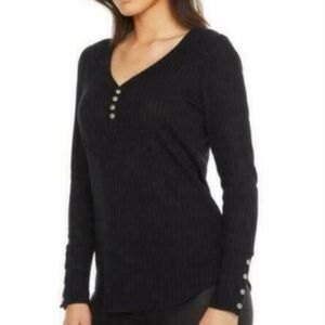 Chaser Women’s Waffle Knit Henley Shirt Top Black V-Neck Long Sleeve Buttons S